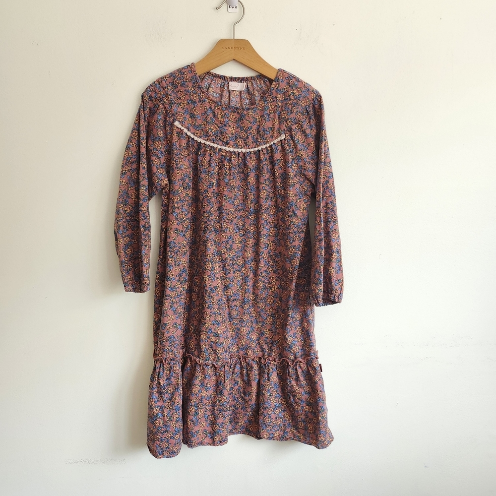 Girl Korean Boutique Brand Cotton Floral dress with long sleeves.